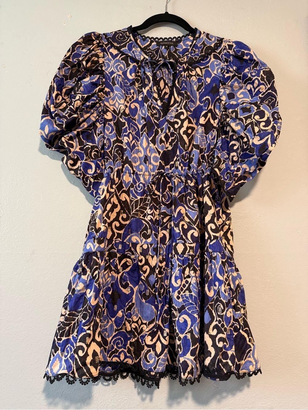 Olivaceous Blue and Black Floral Puff Sleeve Mini Dress with Lace Trim size M
